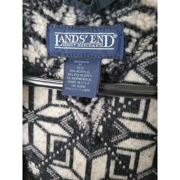 Lands End Womens M 10-12 Full Zip Fleece Jacket Coat Black & White Pockets Hood - Picture 6 of 9